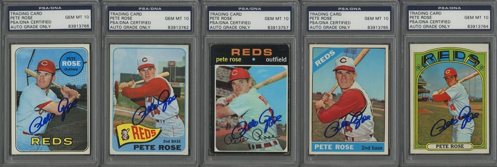 1965-72 Topps Pete Rose Signed Cards Collection (5 Different) - All PSA/DNA GEM MT 10